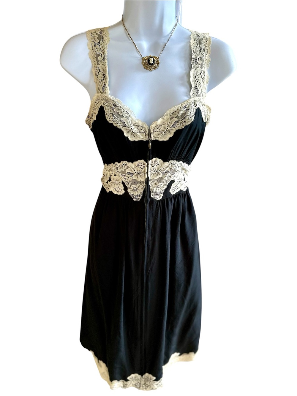 Vintage Y2K Silk Betsey Johnson Black Dress with Cream Lace Trim - 2